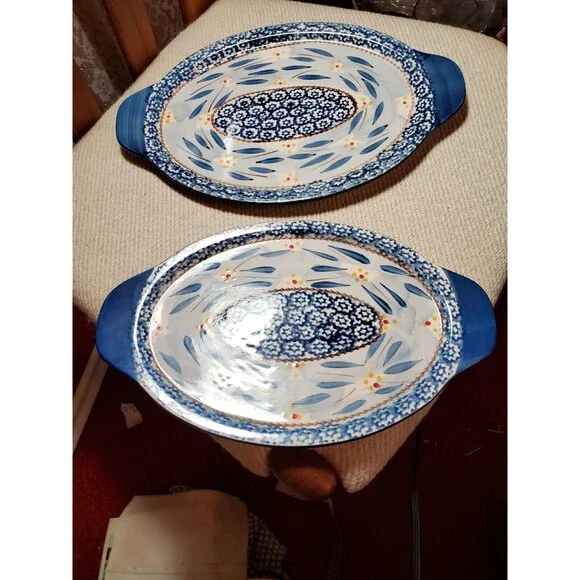 Temptations By Tara Blue Old World 12" & 13.5" Oval Serving Trays Lids - Picture 13 of 16